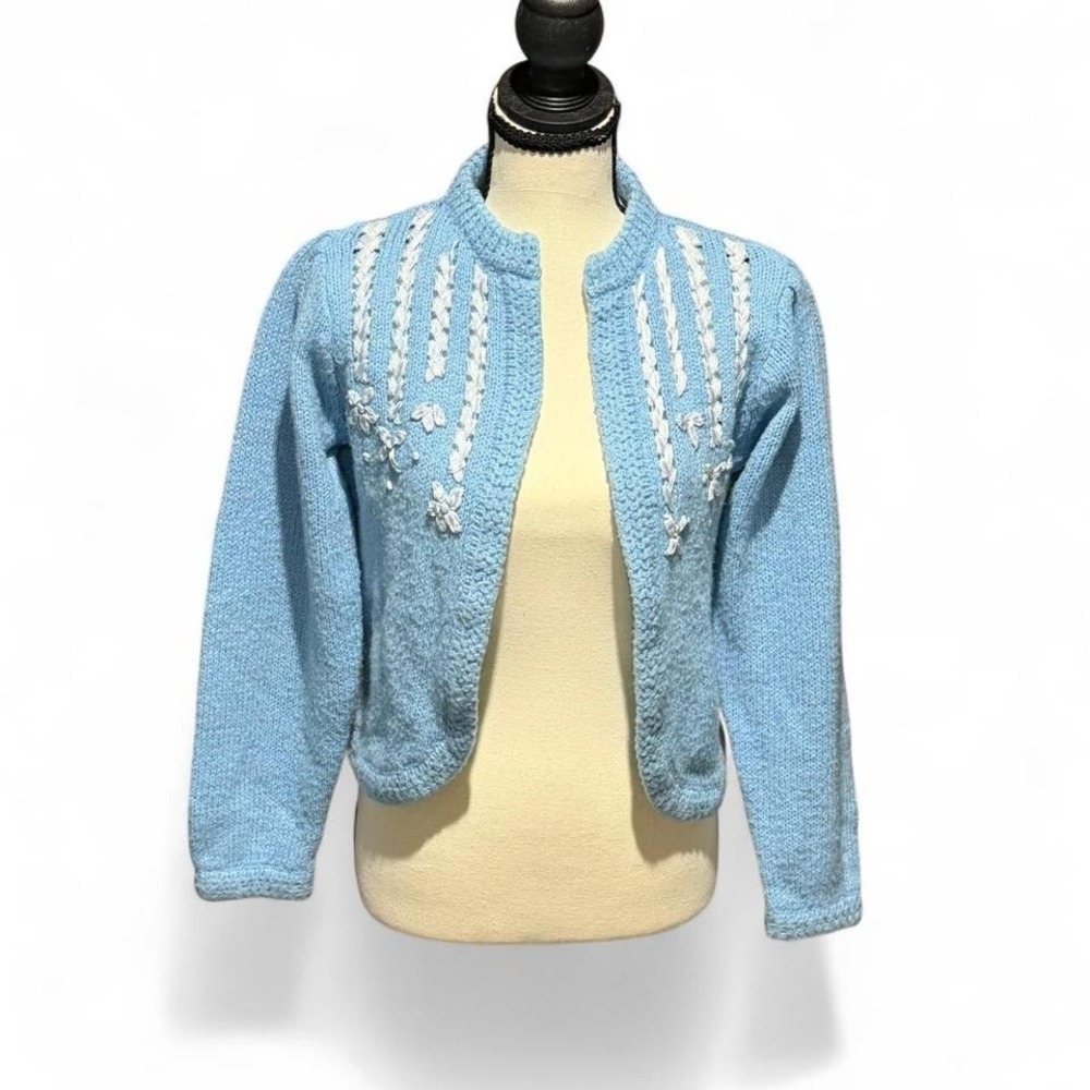 Vintage Milano Cardigan Womens S Baby Blue Ribbon Embroidered Cropped 80s 90s